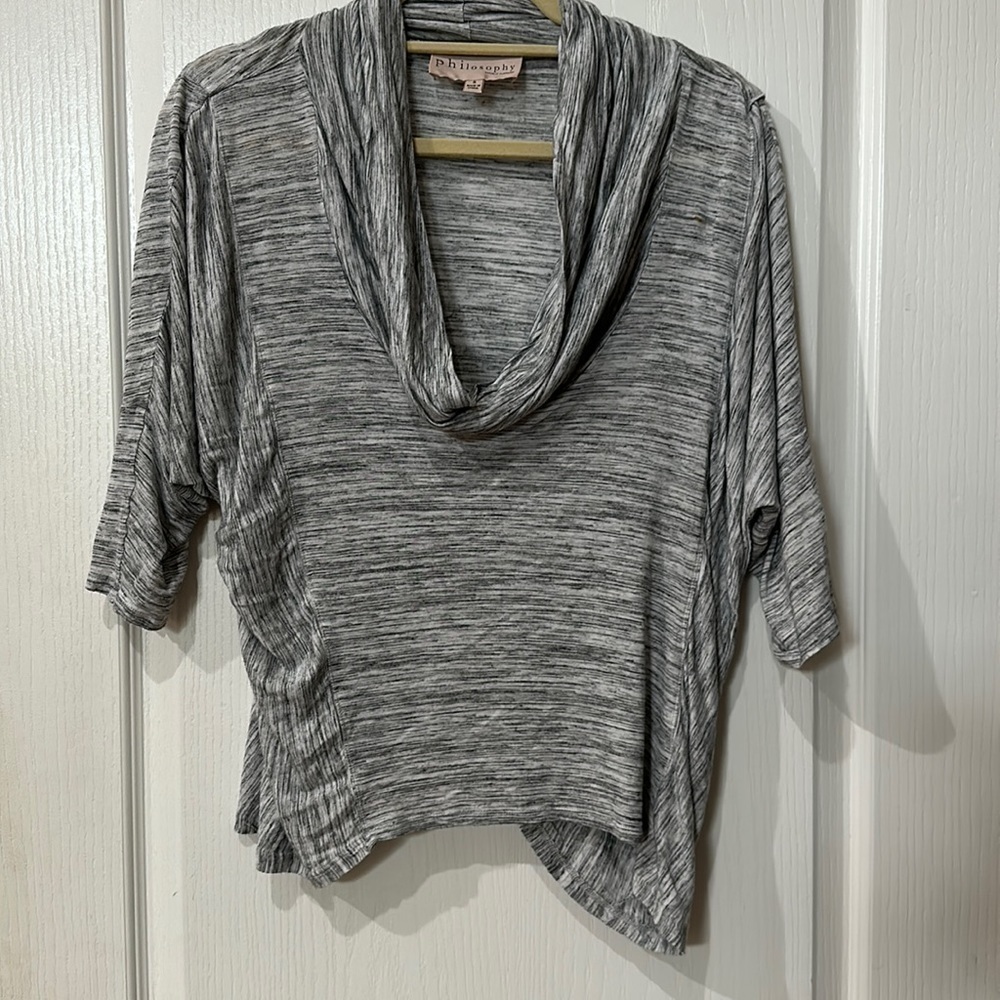 Philosophy size small, gray and white cowlneck short sleeve batwing top